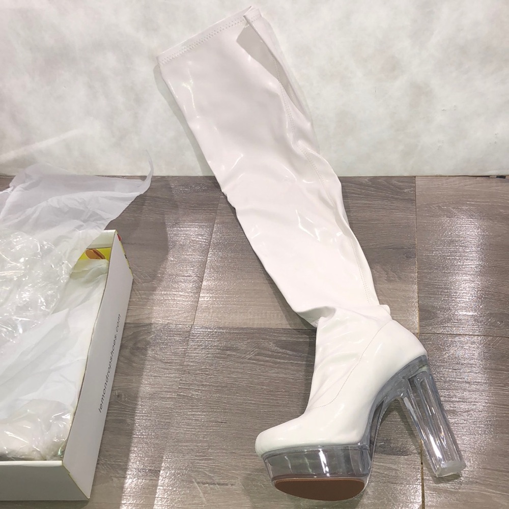 Lemon Drop Stretch Platform White Heeled Boots OTK Transparent Clear Heel New